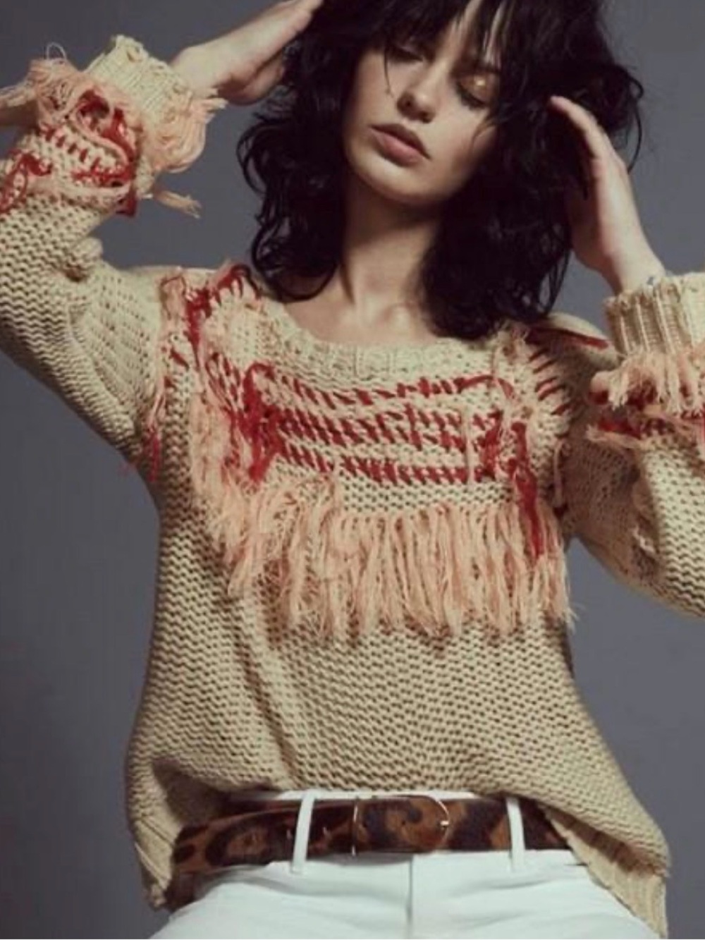 Wildfox Cream Open-Knit Fringed Crew Sweater with Coral Accents